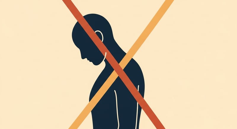 Minimal flat side-profile illustration of a figure with an X overlaid, the tight muscles at the back of the neck and front of the chest in terracotta and the weak muscles at the front of the neck and mid-back in pale honey-gold