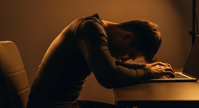 Editorial side-profile photograph of an anonymous person hunched at a desk with the head pushed forward toward a laptop and the shoulders rounded, warm amber lighting, face cropped above the nose