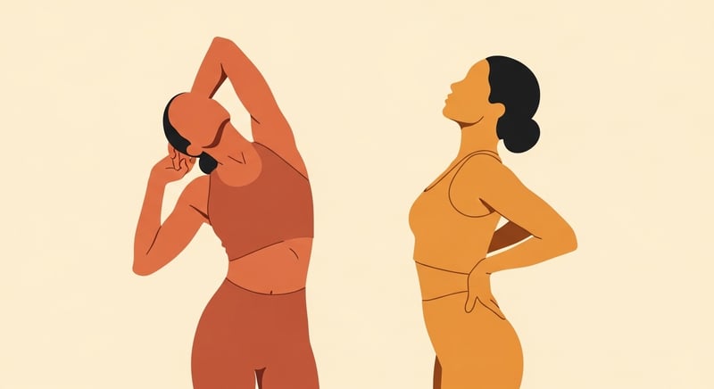 Minimal flat two-panel illustration, one side showing a chest and neck stretch in terracotta for the tight muscles, the other showing shoulder blades pulling back in honey-gold for the weak muscles