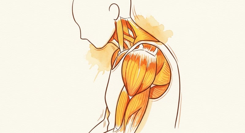 Loose watercolor illustration of the neck and shoulder muscles in warm honey-gold and orange, the upper trapezius and shoulder region that tightens in upper crossed syndrome