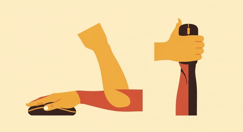 Flat illustration comparing two forearms side by side, one twisted palm-down on a flat mouse and one in a neutral handshake grip on a vertical mouse, honey-gold and terracotta on cream