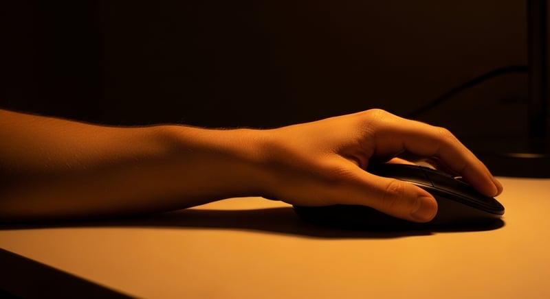 Editorial photograph of a hand resting on a flat computer mouse with the forearm rotated palm-down and the wrist bent slightly toward the little finger, warm amber desk light