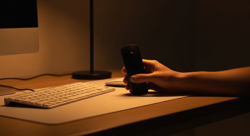 Editorial photograph of a tidy desk with a vertical mouse positioned close to the keyboard, a hand resting on it in a neutral handshake grip, elbow near a right angle, warm light