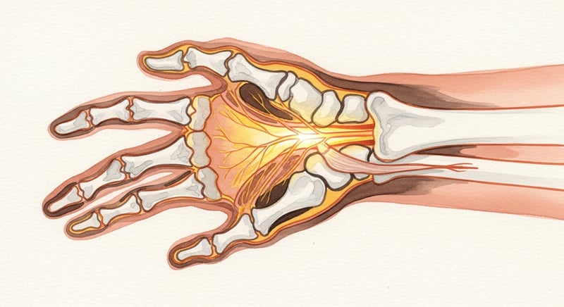 Loose watercolor of a wrist in cross-section showing the carpal tunnel passage highlighted in warm amber, with the nerve running through it, on cream paper