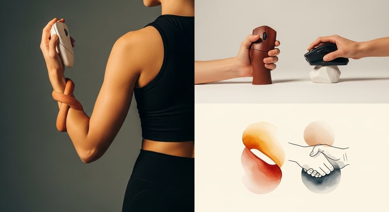 Side-by-side watercolor of a forearm twisted palm-down on a flat mouse versus resting in a neutral handshake grip on a vertical mouse, in warm amber tones