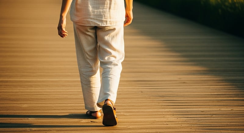 Geometric shapes suggesting a walking stride pattern, rendered in warm gold and terracotta tones