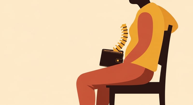 Minimal flat illustration on cream of a seated figure from behind with a thick wallet under the right hip, the pelvis tilted and the spine curving sideways in honey-gold and terracotta.