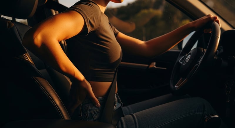 Editorial photograph from the side of a person driving on a firm car seat, one hand reaching to the lower back and hip, warm amber side light, face cropped above the nose.