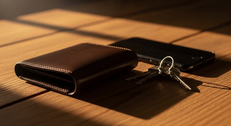 Cinematic still life of a slim leather wallet, a phone, and keys on a warm wooden table in soft morning light, amber and espresso tones.