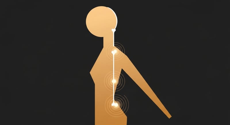 Abstract geometric illustration of a warm gold human silhouette with three glowing amber dots marking key sensor placement zones along the spine