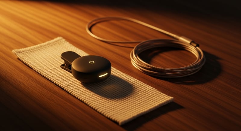 Minimalist product arrangement of posture wearable devices alongside a small spine model on a clean surface