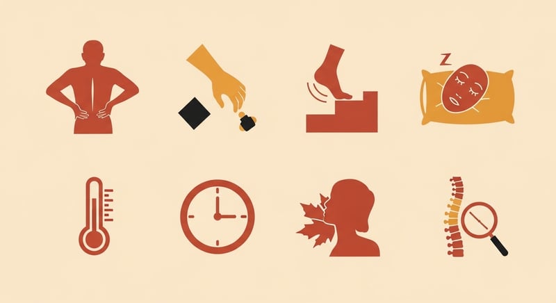 Minimalist flat illustration of eight numbered icon-style silhouettes arranged in two rows on warm cream paper, each representing one of the eight red flags, in warm honey-gold and terracotta on cream paper with deep espresso accents