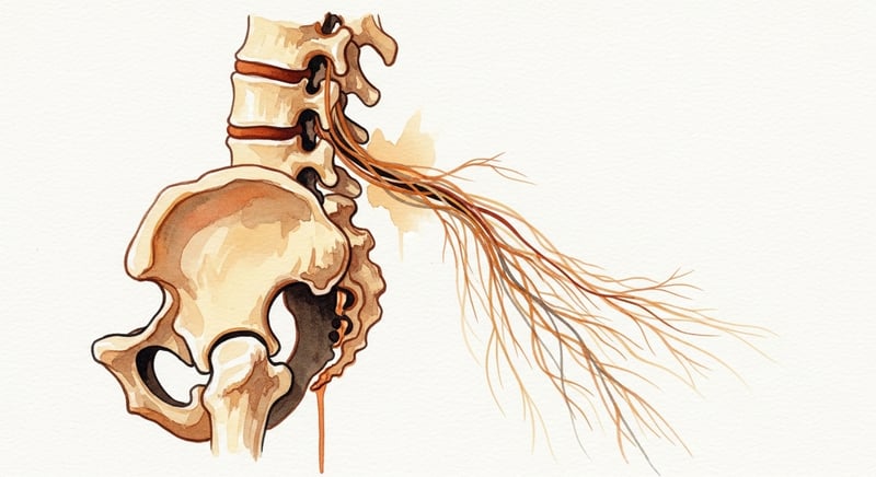 Loose watercolor illustration of the lower lumbar spine and sacrum in side profile with the cauda equina nerve-root bundle highlighted at L1 through S2, in warm honey-gold and terracotta on cream paper