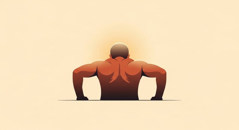 Minimalist flat illustration of a figure doing a push-up plus, at the top of the movement with straight arms and the shoulder blades spread wide and wrapped around the rib cage, in deep espresso, terracotta and honey-gold on cream