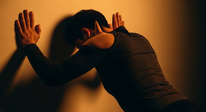 Editorial side-back photograph of an anonymous person doing a wall push-up with one shoulder blade lifting off the rib cage, warm amber lighting, face cropped above the hairline, no identifiable facial features