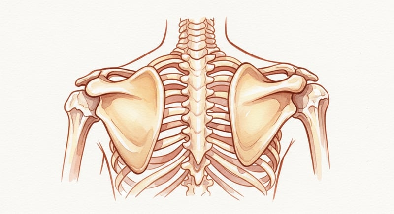 Loose watercolor illustration from behind of a rib cage with one shoulder blade lying flat and the other tilted so its inner border lifts away from the ribs, in warm honey-gold and terracotta