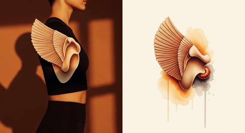 Watercolor illustration in warm honey-gold and terracotta of a back seen from behind with one shoulder blade tilted so its inner border lifts away from the rib cage, a winged scapula