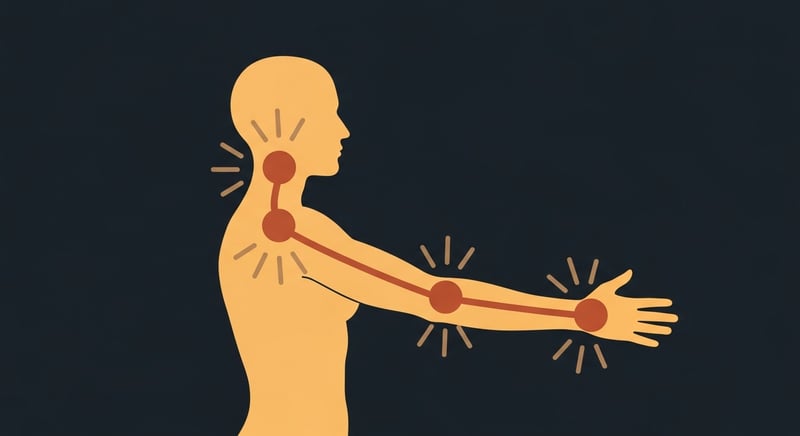 Minimalist flat illustration on a dark charcoal background showing a side-profile silhouette of an upper body with the median nerve drawn as a single honey-gold line from the cervical spine, through the shoulder, down the arm, ending at the wrist, with three labeled terracotta compression points: the scalene region at the neck, the pectoralis minor under the collarbone, and the carpal tunnel at the wrist.