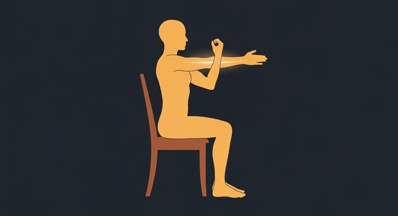 Minimalist flat illustration of a side-profile honey-gold silhouette of a seated figure on a wooden chair, right arm extended forward at shoulder height in a wrist flexor stretch position, on a dark charcoal background.