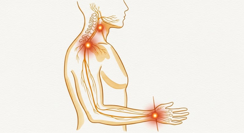 Loose watercolor illustration on cream paper of a human upper body in side profile with the median nerve traced in warm honey gold from the cervical spine, through the shoulder, down the arm, into the wrist, with subtle terracotta highlights at the three common compression points: scalenes, pectoralis minor, and carpal tunnel.