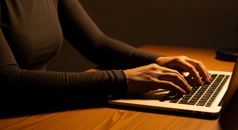 Editorial three-quarter photograph of an anonymous person typing at a laptop with the right wrist visibly bent in extension over the keyboard, in warm amber light against a dark charcoal home-office setting.