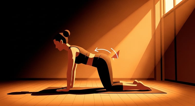 Person transitioning between cat and cow pose, showing spinal flexion and extension on a yoga mat
